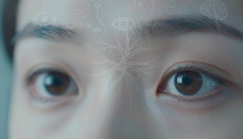 A conceptual image depicting the theme of deteriorating vision due to systemic and neurological diseases. In the foreground, a pair of human eyes, slightly out of focus, reveal a subtle haze or blurriness, emphasizing the idea of impaired sight. The middle ground shows a nervous system diagram subtly integrated, symbolizing neurological issues, while faint outlines of common systemic disease symbols are blurred in the background—like an eye diagram, blood vessels, and a brain outline—hinting at the connection without clear details. Soft, diffused lighting creates an introspective mood, while a cool color palette of blues and grays enhances the feeling of concern and urgency. The lens angle is slightly tilted to add dynamism and depth. The overall composition serves to visually convey the gravity of issues related to worsening eyesight in a clinical context.