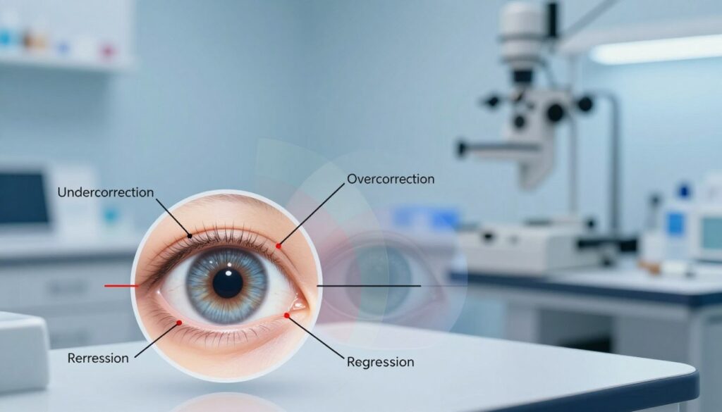 A conceptual medical illustration depicting the complications of astigmatism following laser eye surgery. In the foreground, a clear and focused eye diagram showcasing refractive errors; include labeled sections for undercorrection, overcorrection, and regression, illustrating how these issues manifest. In the middle, semi-transparent overlays of visual distortions and blurriness, illustrating the symptoms patients may experience. The background should consist of a softly lit optometry clinic, with calming blue hues and blurred medical instruments to conjure a professional atmosphere. Use soft lighting to enhance clarity, and employ a slight depth of field to emphasize the eye technology in focus while keeping the clinic environment subtly in the background. The overall mood should be informative and reassuring.