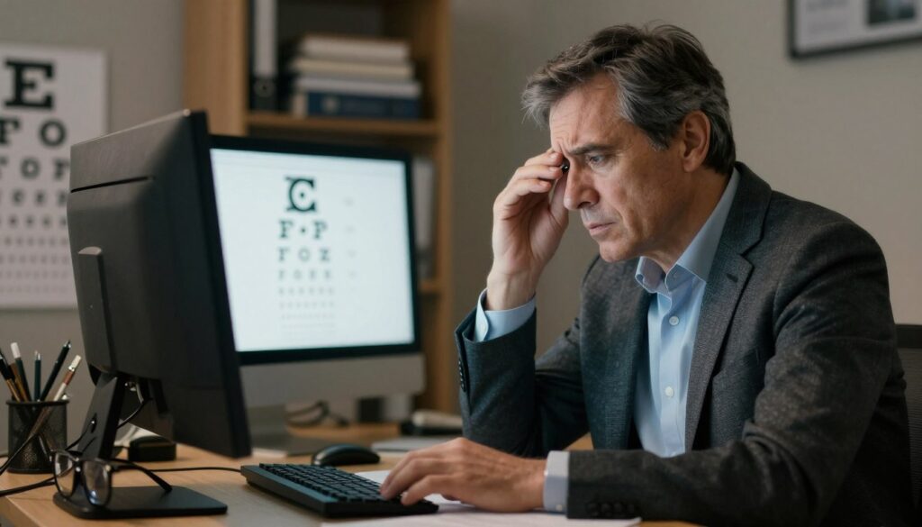 A concerned middle-aged man, wearing professional attire, sitting at a desk in a softly lit office environment. He is squinting at a computer screen, showing subtle signs of eye strain. In the foreground, various optical tools like glasses and an eye chart are visible, symbolizing the theme of vision deterioration. The middle section of the image features a blurred view of the computer screen, emphasizing the man's struggle with clarity. The background is filled with books on eye care and health, providing context. The overall mood is reflective and slightly anxious, highlighting the importance of addressing vision issues promptly. The lighting is warm and inviting, creating a sense of urgency while remaining professional. A concerned middle-aged man, wearing professional attire, sitting at a desk in a softly lit office environment. He is squinting at a computer screen, showing subtle signs of eye strain. In the foreground, various optical tools like glasses and an eye chart are visible, symbolizing the theme of vision deterioration. The middle section of the image features a blurred view of the computer screen, emphasizing the man's struggle with clarity. The background is filled with books on eye care and health, providing context. The overall mood is reflective and slightly anxious, highlighting the importance of addressing vision issues promptly. The lighting is warm and inviting, creating a sense of urgency while remaining professional.