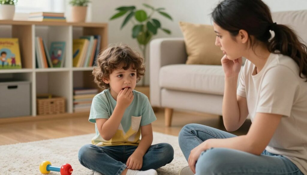 A concerned parent sits next to their young child in a cozy and softly-lit living room, displaying a worried expression as they monitor the child's condition. The child, dressed in a modest colorful t-shirt, sits on a plush rug with a toy nearby, displaying signs of discomfort, like touching their mouth or looking distressed. In the background, a cozy bookshelf filled with children's books and a potted plant adds warmth to the scene. The soft, natural lighting highlights their expressions, creating a caring and urgent atmosphere. The image captures the essence of concern for health, focusing on the child while showcasing the nurturing environment. The composition is thoughtfully arranged using a slightly elevated angle to emphasize both the parent and child interaction. A concerned parent sits next to their young child in a cozy and softly-lit living room, displaying a worried expression as they monitor the child's condition. The child, dressed in a modest colorful t-shirt, sits on a plush rug with a toy nearby, displaying signs of discomfort, like touching their mouth or looking distressed. In the background, a cozy bookshelf filled with children's books and a potted plant adds warmth to the scene. The soft, natural lighting highlights their expressions, creating a caring and urgent atmosphere. The image captures the essence of concern for health, focusing on the child while showcasing the nurturing environment. The composition is thoughtfully arranged using a slightly elevated angle to emphasize both the parent and child interaction.