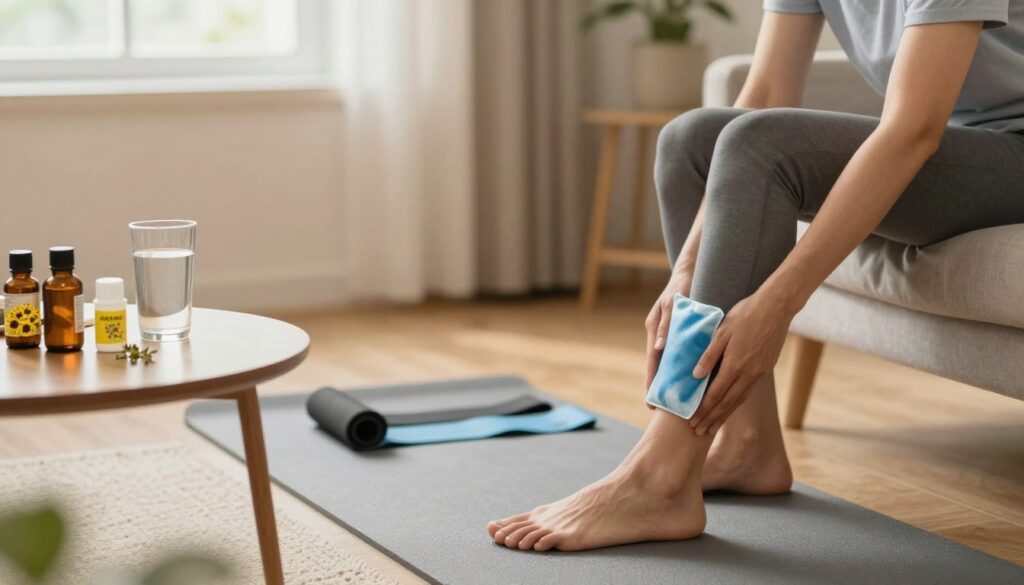 A cozy home therapy setting focused on treating Achilles tendonitis. In the foreground, a person dressed in professional casual clothing is sitting on a comfortable chair, gently massaging their ankle while using an ice pack. Nearby, a small coffee table is adorned with natural herbal remedies, like arnica cream and a glass of water, emphasizing a holistic approach to healing. In the middle ground, an exercise mat lies on the floor with a few stretching bands, signaling rehabilitation efforts. The background features warm, soft lighting filtering through a window, creating a calm and inviting atmosphere. The overall mood should be serene and encouraging, highlighting the importance of home care for tendon injuries without overwhelming the viewer with complex elements.