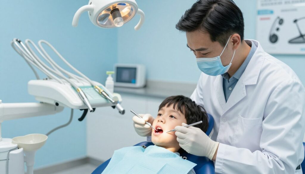 A dental clinic interior, focusing on a dentist examining a child with a dental abscess. In the foreground, highlight a child sitting in a dental chair, looking slightly anxious but reassured by a friendly dentist in a white coat. The dentist is gently holding dental tools, showing a caring demeanor. In the middle ground, display dental equipment like a lamp and instruments on a tray, while the background subtly shows dental charts and calming blue walls. Soft, bright lighting creates a clean and professional atmosphere, conveying trust and care. The scene should evoke a sense of professionalism and gentleness, suitable for depicting a child's dental treatment experience.