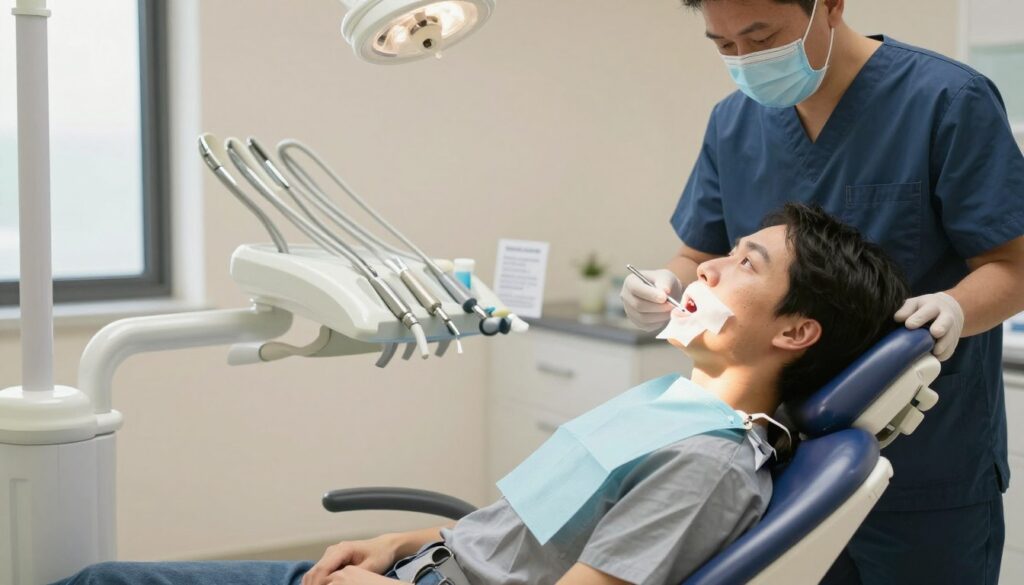 A dental office setting post-tooth extraction, focusing on a clean, well-organized treatment area. In the foreground, a dental chair with a patient sitting upright, wearing a comfortable, modest gown, with gauze applied to their mouth, indicating post-surgery care. A dentist, wearing professional scrubs and a mask, stands beside the chair, gently comforting and explaining aftercare instructions. In the middle, an array of dental tools neatly arranged on a tray, and a reminder note about oral hygiene beside them. The background features soft, warm lighting, creating a calming atmosphere. A large window lets in natural light, enhancing the feeling of cleanliness and professionalism. The overall mood is reassuring and informative, capturing the essence of post-operative dental care.