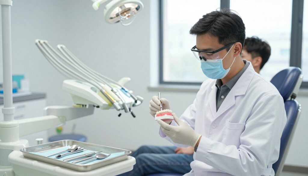 A dental professional in a well-lit clinic, wearing a white lab coat and safety glasses, carefully examining a dental prosthesis. The foreground features various dental tools neatly arranged on a sterile tray, emphasizing attention to detail. In the middle, the dentist holds a dental prosthesis in one hand, demonstrating a fitting adjustment while a concerned patient sits in a dental chair, looking reassured. The background includes dental equipment and a large window allowing natural light to brighten the room, creating a calm and professional atmosphere. The mood is focused and supportive, highlighting the importance of dental care and adjustment procedures. A dental professional in a well-lit clinic, wearing a white lab coat and safety glasses, carefully examining a dental prosthesis. The foreground features various dental tools neatly arranged on a sterile tray, emphasizing attention to detail. In the middle, the dentist holds a dental prosthesis in one hand, demonstrating a fitting adjustment while a concerned patient sits in a dental chair, looking reassured. The background includes dental equipment and a large window allowing natural light to brighten the room, creating a calm and professional atmosphere. The mood is focused and supportive, highlighting the importance of dental care and adjustment procedures.