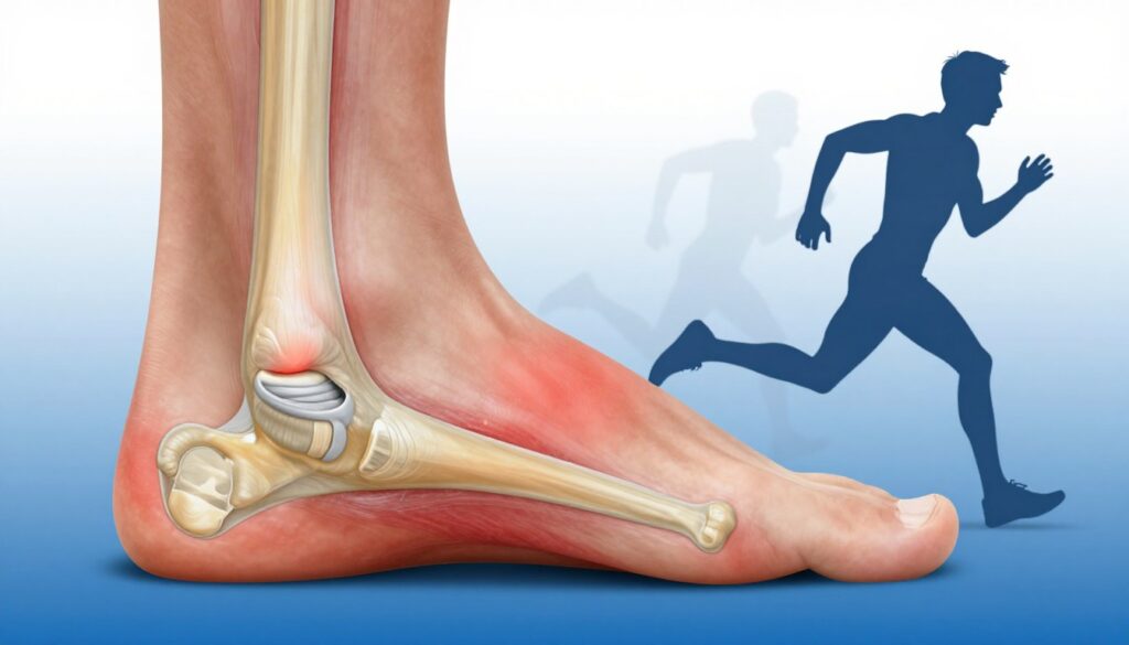 A detailed anatomical illustration focusing on the Achilles tendon attachment site at the back of a human heel. The foreground features a close-up view of the tendon and surrounding tissues, showcasing healthy and inflamed areas for a clear comparison. In the middle ground, there’s a silhouette of a running figure in a professional athletic outfit, emphasizing movement and stress on the Achilles area. The background displays a subtle gradient of blue and white, suggesting a clinical environment. Soft, diffused lighting highlights the anatomical structures, providing a clear focus without harsh shadows. The overall mood is informative and professional, catering to an educational audience interested in sports injuries and anatomy.