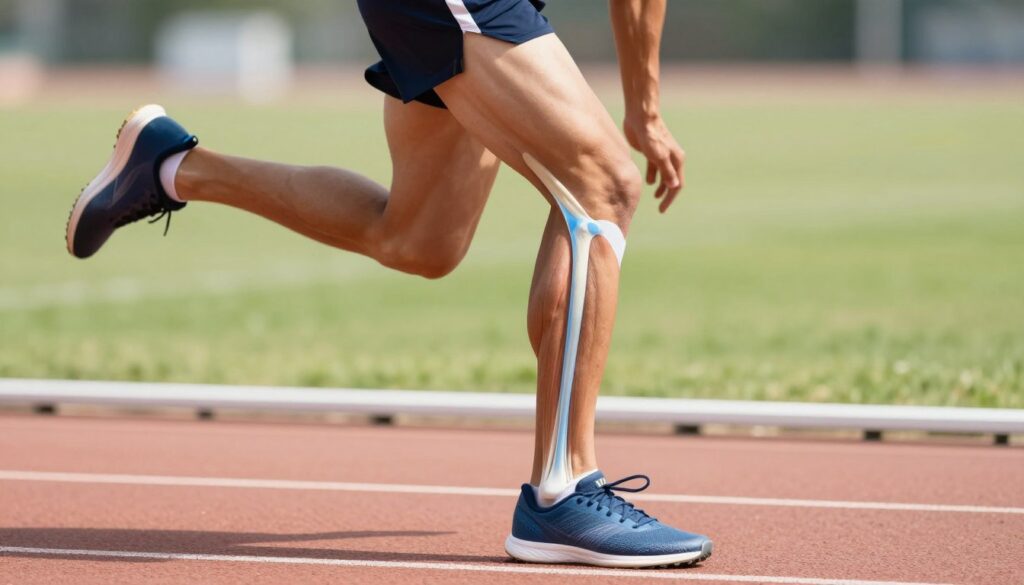 A detailed anatomical illustration of the Achilles tendon, depicted in a dynamic pose emphasizing its function in movement. The foreground features an athlete in professional sports attire, captured mid-action as they are in the process of jumping or running, showcasing tension in the calf muscles and the Achilles tendon. In the middle ground, focus on the lower leg anatomy with highlighted muscles and ligaments around the tendon, using a soft blue overlay for anatomical clarity. The background should be a simple running track or grassy field, softly blurred to emphasize the subject. The overall lighting is bright and natural, giving a sense of energy and movement, with shadows to add depth. The mood is athletic and focused, reflecting performance and strength. A detailed anatomical illustration of the Achilles tendon, depicted in a dynamic pose emphasizing its function in movement. The foreground features an athlete in professional sports attire, captured mid-action as they are in the process of jumping or running, showcasing tension in the calf muscles and the Achilles tendon. In the middle ground, focus on the lower leg anatomy with highlighted muscles and ligaments around the tendon, using a soft blue overlay for anatomical clarity. The background should be a simple running track or grassy field, softly blurred to emphasize the subject. The overall lighting is bright and natural, giving a sense of energy and movement, with shadows to add depth. The mood is athletic and focused, reflecting performance and strength.