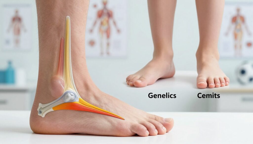 A detailed anatomical illustration of the Achilles tendon in both children and adults, showcasing the causes of tendon stiffness. In the foreground, focus on a side view of a human foot with the Achilles tendon highlighted in a vibrant color, showing tension and inflammation. In the middle ground, depict a comparison of a child's foot and an adult's foot to illustrate developmental differences, surrounded by labeled factors like genetics, overuse, and sports. The background should feature a soft, blurred clinic setting with anatomical charts and subtle lighting that highlights the foot anatomy. The image should convey a clinical, informative atmosphere, emphasizing the importance of understanding these causes for effective treatment. A detailed anatomical illustration of the Achilles tendon in both children and adults, showcasing the causes of tendon stiffness. In the foreground, focus on a side view of a human foot with the Achilles tendon highlighted in a vibrant color, showing tension and inflammation. In the middle ground, depict a comparison of a child's foot and an adult's foot to illustrate developmental differences, surrounded by labeled factors like genetics, overuse, and sports. The background should feature a soft, blurred clinic setting with anatomical charts and subtle lighting that highlights the foot anatomy. The image should convey a clinical, informative atmosphere, emphasizing the importance of understanding these causes for effective treatment.