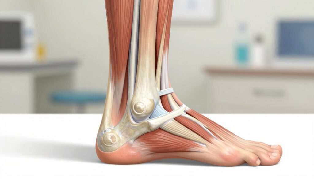 A detailed anatomical illustration of the Achilles tendon (ścięgna achillesa), prominently displayed in the foreground. The tendon should be rendered in a realistic style, showcasing its structure and connection to the heel and calf muscles, with a focus on any signs of swelling or irritation. In the middle ground, include a subtle depiction of a foot in a neutral position to provide context. The background should be a soft, blurred medical environment, evoking a clinical atmosphere, with muted colors. Use bright, natural lighting to highlight the anatomy while creating a professional and informative mood. The image should not contain any text or human figures, ensuring a clean and focused representation of the Achilles tendon. A detailed anatomical illustration of the Achilles tendon (ścięgna achillesa), prominently displayed in the foreground. The tendon should be rendered in a realistic style, showcasing its structure and connection to the heel and calf muscles, with a focus on any signs of swelling or irritation. In the middle ground, include a subtle depiction of a foot in a neutral position to provide context. The background should be a soft, blurred medical environment, evoking a clinical atmosphere, with muted colors. Use bright, natural lighting to highlight the anatomy while creating a professional and informative mood. The image should not contain any text or human figures, ensuring a clean and focused representation of the Achilles tendon.