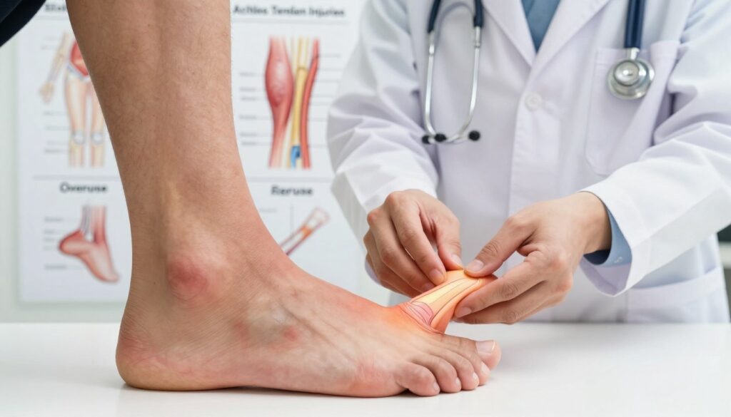 A detailed and informative illustration depicting the distinctions between Achilles tendon injuries, including overuse, strain, tear, and rupture. In the foreground, a close-up of a person's foot and ankle area, showcasing swelling and bruising to highlight possible injury symptoms. The middle ground features a medical professional in a white coat, demonstrating examination techniques, such as palpating the tendon area. The background includes anatomical diagrams of the Achilles tendon and illustrative labels indicating different injury types. The lighting is soft and clinical, with a focus on the details of the injury, creating a professional and educational mood. The composition is taken from a slight angle, emphasizing the interaction between the doctor and the injured area while maintaining a clean, informative aesthetic.
