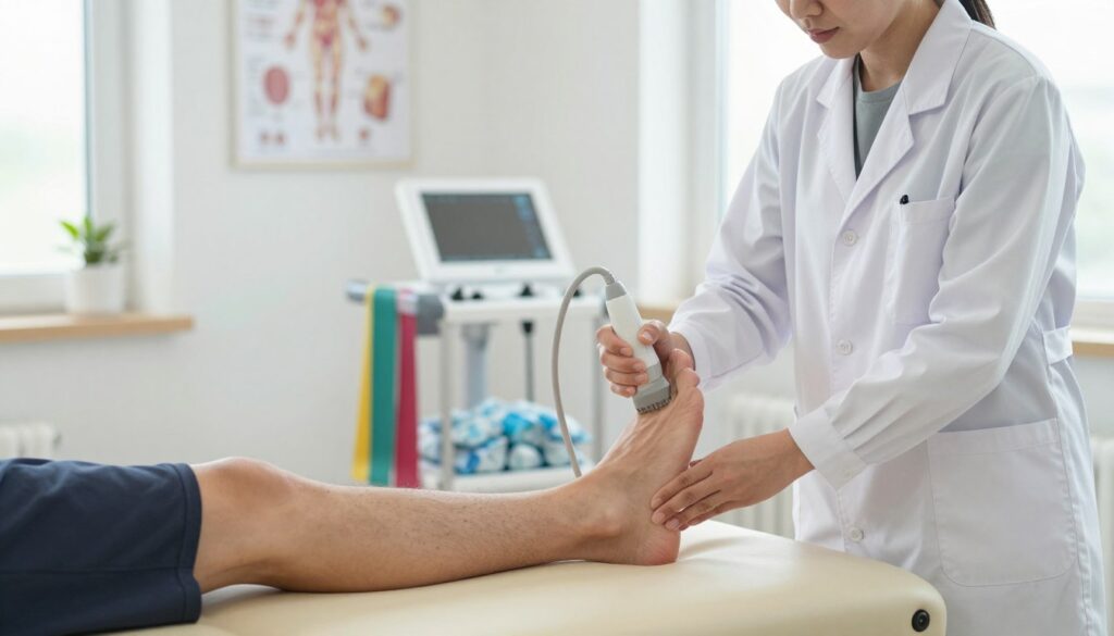 A detailed and professional depiction of a physiotherapy session focusing on treating Achilles tendon inflammation. In the foreground, a healthcare professional in a white lab coat assists a patient lying on a treatment table, their foot elevated and supported. The healthcare provider is using a therapeutic ultrasound device on the patient's heel, illustrating cutting-edge treatment methods. In the middle ground, various physiotherapy tools like resistance bands, ice packs, and anatomical charts are visible, highlighting supportive therapies. The background features a bright, well-lit clinic with soft, natural lighting streaming through the windows, creating a calm and healing atmosphere. The image conveys a sense of focus and professionalism, symbolizing hope and recovery from pain associated with Achilles tendonitis.