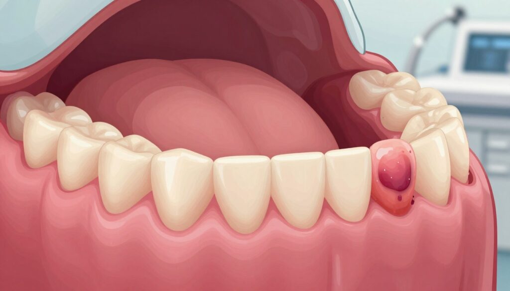 A detailed and realistic illustration of the mucous membrane of the oral cavity, highlighting the texture and color of healthy gums alongside areas with common lesions. In the foreground, focus on the distinct pink hue of the healthy gum tissue, contrasting with vibrant, inflamed areas representing common oral lesions. The middle ground should depict a clear view of the mouth's interior, showcasing the surface of the tongue and inner cheeks. The background could include a soft-focus representation of dental tools or a clinic environment to suggest a medical context. Use soft lighting to create a clean and professional atmosphere, emphasizing clarity and detail. The overall mood should be informative and educational, suitable for a health-related article. A detailed and realistic illustration of the mucous membrane of the oral cavity, highlighting the texture and color of healthy gums alongside areas with common lesions. In the foreground, focus on the distinct pink hue of the healthy gum tissue, contrasting with vibrant, inflamed areas representing common oral lesions. The middle ground should depict a clear view of the mouth's interior, showcasing the surface of the tongue and inner cheeks. The background could include a soft-focus representation of dental tools or a clinic environment to suggest a medical context. Use soft lighting to create a clean and professional atmosphere, emphasizing clarity and detail. The overall mood should be informative and educational, suitable for a health-related article.