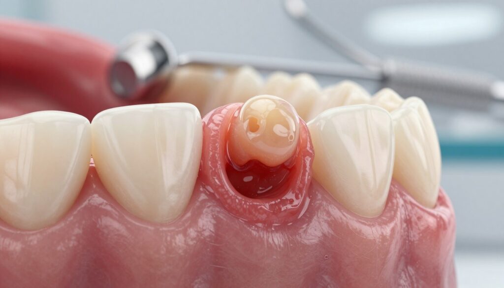 A detailed close-up of a dental abscess on a gum, showcasing the inflamed tissue surrounding the pus-filled area. The foreground features a realistic depiction of the gum, highlighting the swelling and redness around the abscess with a glossy texture reflecting moisture. The middle layer includes a clear view of the abscess itself, emphasizing its white-yellow color and round shape, surrounded by irritated gum tissue. In the background, a slightly blurred dental setting suggests a clinical environment, with subtle hints of dental tools and a sterile atmosphere. The lighting is soft and diffused, creating a clinical yet educational mood. This composition aims to visually inform about the characteristics and progression of dental abscesses.