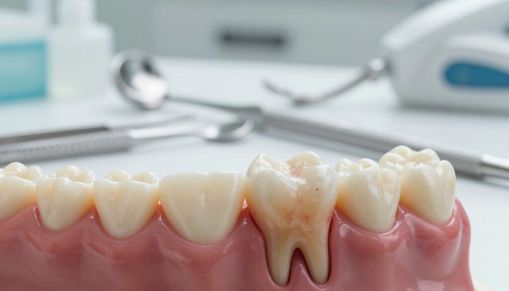 A detailed close-up of a dental model showcasing the area where a tooth root is left embedded in the gum tissue. In the foreground, focus on the cross-section of healthy and inflamed gums, highlighting the remnants of a tooth root with slight discoloration and surrounding inflammation. In the middle layer, depict dental instruments and materials used for extraction, arranged neatly to suggest a professional dental setting. The background should feature a softly lit dental office atmosphere, with tools in focus and a sterile ambiance. Soft, natural lighting should illuminate the scene, creating a calm yet clinical mood, with a shallow depth of field to emphasize the details in the foreground. A detailed close-up of a dental model showcasing the area where a tooth root is left embedded in the gum tissue. In the foreground, focus on the cross-section of healthy and inflamed gums, highlighting the remnants of a tooth root with slight discoloration and surrounding inflammation. In the middle layer, depict dental instruments and materials used for extraction, arranged neatly to suggest a professional dental setting. The background should feature a softly lit dental office atmosphere, with tools in focus and a sterile ambiance. Soft, natural lighting should illuminate the scene, creating a calm yet clinical mood, with a shallow depth of field to emphasize the details in the foreground.