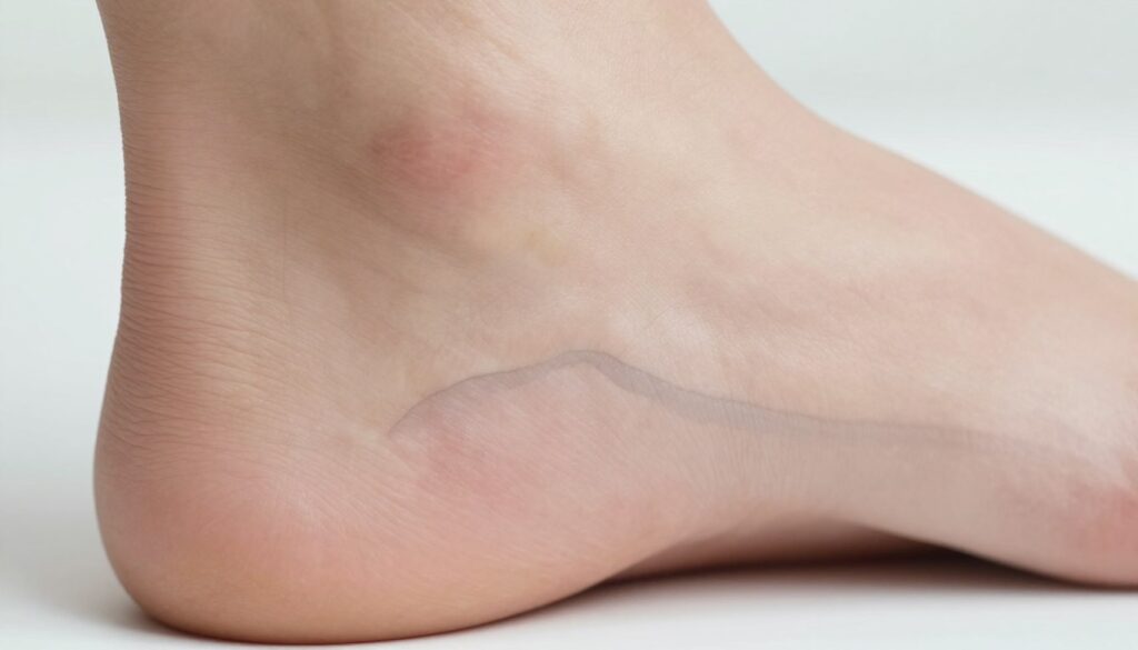 A detailed close-up of a human heel showing a well-defined "Haglund's deformity" on the Achilles tendon area. The image should focus on the bony protrusion at the back of the heel, highlighted by subtle anatomical detail, showcasing the texture of the skin and the surrounding tissue. Include a faint outline of an overlapping heel spur, representing "plantar fasciitis," in the background. Use soft, natural lighting to enhance the contours and details, and a shallow depth of field to blur the background slightly, directing focus on the heel anatomy. The overall mood is clinical yet educational, suitable for a medical article, aiming for a clear, informative representation without any distractions.