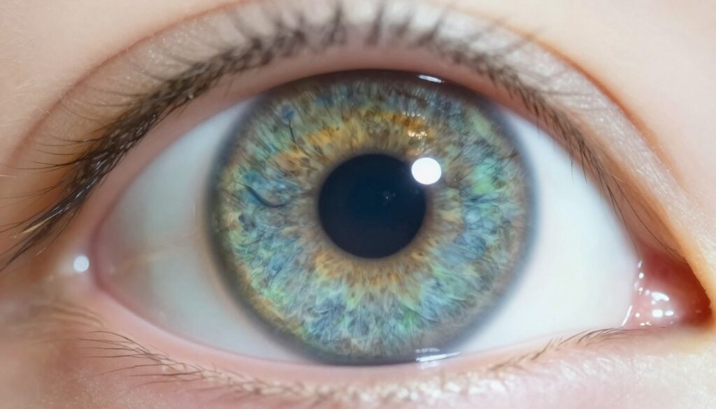 A detailed close-up of a human iris showcasing vibrant colors and intricate patterns. The foreground highlights the rich hues of the iris, blending shades of green, blue, and hints of gold, with intricate texture and fine details of the tiny muscle fibers. The pupil is in focus, appearing as a dark circle at the center of the iris, emphasizing its role in regulating light. The background features a soft bokeh effect, mimicking the blurred view of the eye's surrounding anatomy, like the sclera and cornea, which fade gently into a creamy white. The lighting is soft and diffused, with a slight sheen reflecting off the iris to enhance its depth and allure, creating an educational yet striking image.