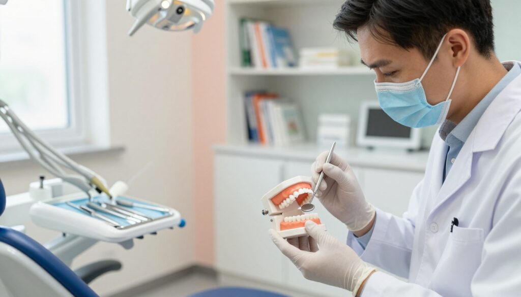 A detailed dental examination scene focusing on gum recession diagnosis. In the foreground, a professional dentist, dressed in a white coat and gloves, is examining a model of human teeth with visibly receding gums, using a dental mirror and probe. In the middle, a bright, well-lit dental office with an examination chair and dental instruments displayed neatly on a tray. The background features soft pastel colors on the walls and a bookshelf filled with dental literature, creating a calm and informative atmosphere. Natural daylight streams in through a window, enhancing the professionalism of the setting. The mood is focused and educational, perfect for illustrating dental health awareness.