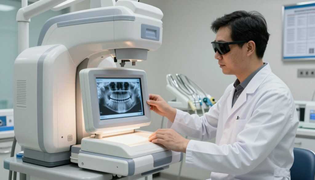 A detailed dental office scene focusing on a pantomographic X-ray machine in use. In the foreground, the machine is prominently displayed, showing a clear view of a dental X-ray film showcasing teeth and jaws. The middle ground features a dental professional, dressed in a white coat and protective goggles, carefully adjusting the machine. The background depicts a modern, well-lit dental clinic with dental tools neatly arranged and chart displays on the walls. Soft, diffused lighting casts gentle shadows, creating a calm and clinical atmosphere. The overall mood is professional and focused, reflecting the importance of diagnostic tools in dental procedures. No people or extraneous objects in the frame to maintain clarity of the main subject.