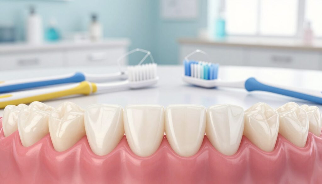 A detailed illustration of a healthy oral cavity with a focus on the gum area, showcasing the importance of oral hygiene post-gum graft procedure. In the foreground, a close-up view of pristine, pink gums surrounding healthy teeth, depicting a smooth texture and a reflective sheen that suggests cleanliness. In the middle ground, an array of dental hygiene tools, like a toothbrush and floss, artistically arranged on a clean, bright surface. The background features a soft-focus of a light, airy dental office with calming colors, promoting a sense of care and wellness. The lighting is bright and natural, evoking a fresh atmosphere. The overall mood is reassuring and informative, emphasizing health and proper post-operative care.