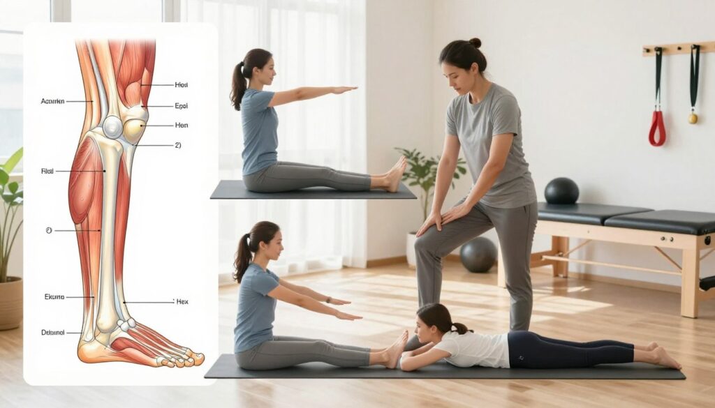 A detailed illustration of a rehabilitation plan for Achilles tendon recovery, featuring a step-by-step visual guide. In the foreground, display clear anatomical diagrams of the Achilles tendon and surrounding muscles, numbered and labeled for clarity. In the middle, show various rehabilitation exercises being performed by a professional coach and a patient, both wearing modest athletic clothing. The coach demonstrates a stretching exercise while the patient is executing a strength-building movement. In the background, create a calming therapy room atmosphere with soft, natural lighting, incorporating exercise equipment like resistance bands and a therapy table. The overall mood should be hopeful and encouraging, emphasizing recovery and progress in a fitness context.