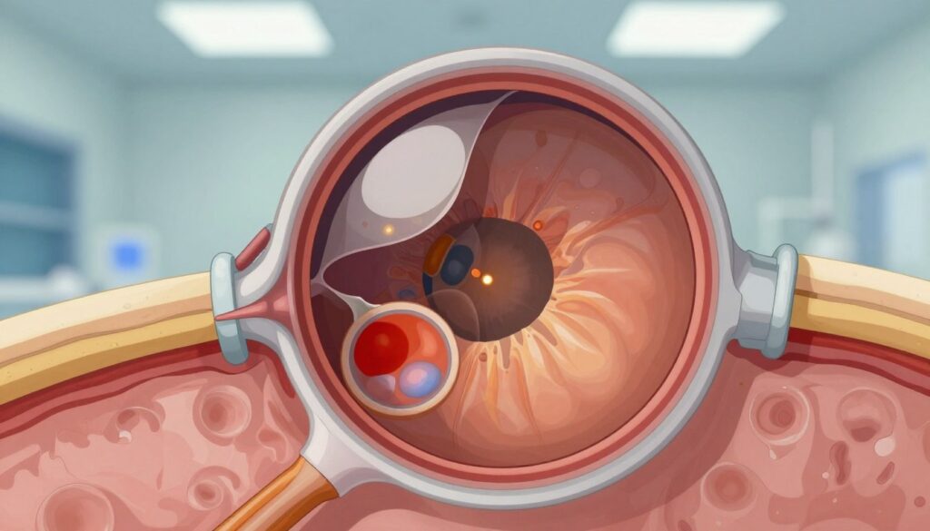 A detailed illustration of retinal detachment, showcasing a cross-sectional view of the eye with a focus on the retina. In the foreground, highlight the detached retina with visible layers peeling away from the underlying tissue, using vibrant colors to depict the contrast between normal and detached areas. In the middle ground, include hints of the vitreous humor, lightly illuminated to enhance visibility, while maintaining a clinical atmosphere. The background should be softly blurred, suggesting a sterile medical environment, with gentle lighting to create a calm and informative mood. Utilize a macro perspective to capture fine details, ensuring the entire composition remains professional and educational. A detailed illustration of retinal detachment, showcasing a cross-sectional view of the eye with a focus on the retina. In the foreground, highlight the detached retina with visible layers peeling away from the underlying tissue, using vibrant colors to depict the contrast between normal and detached areas. In the middle ground, include hints of the vitreous humor, lightly illuminated to enhance visibility, while maintaining a clinical atmosphere. The background should be softly blurred, suggesting a sterile medical environment, with gentle lighting to create a calm and informative mood. Utilize a macro perspective to capture fine details, ensuring the entire composition remains professional and educational.
