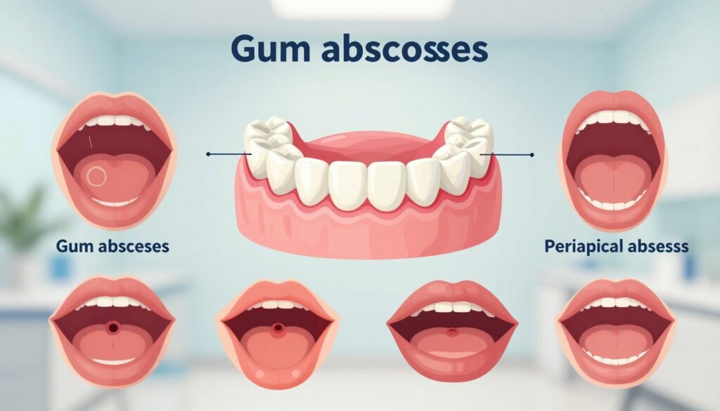 A detailed illustration of various types of oral abscesses, including gum abscesses and periapical abscesses, prominently displayed on a dental diagram. In the foreground, close-up views of each abscess type should be shown, highlighting their distinct characteristics, such as color, size, and location in the mouth. The middle section features a detailed anatomical diagram of the jaw and teeth, with labels for clarity. The background is a soft gradient that suggests a clinical environment, using natural lighting to give a clean and professional feel. The atmosphere should convey a sense of education and care, appealing to parents seeking information on dental health in children. No text or overlays present in the image.