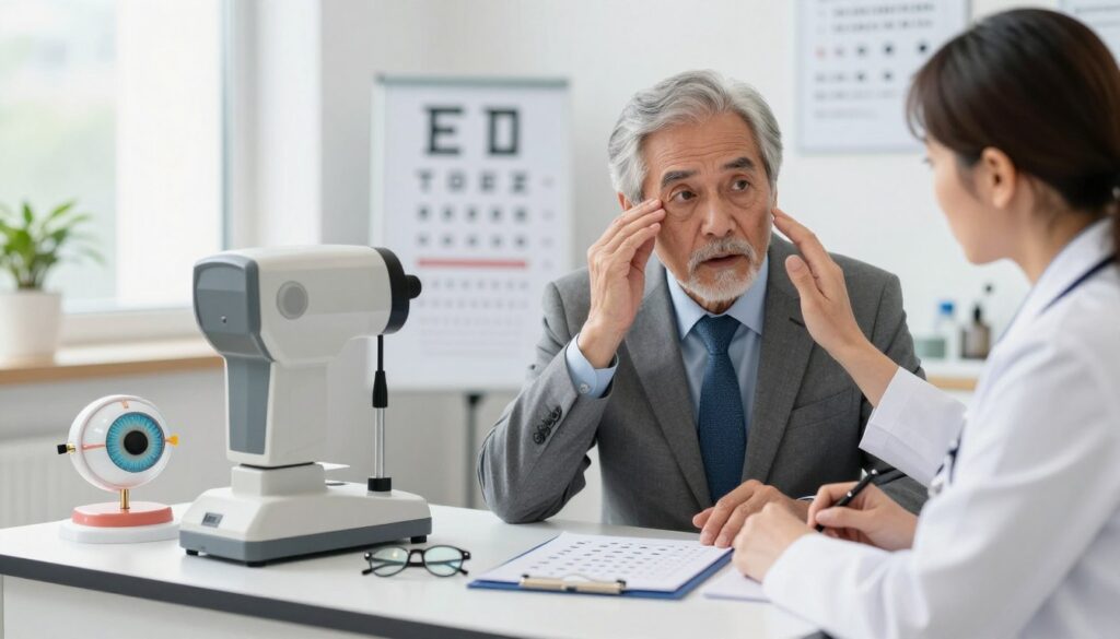 A detailed illustration representing the causes of visual disturbances in an ophthalmological context. Foreground: a focused, elderly man in professional attire, examining eye charts and discussing symptoms with an optometrist, conveying a sense of urgency. Middle ground: various eye care tools such as an autorefractor, lenses, and diagnostic charts, arranged on a clean examination table, with a close-up of an eye model highlighting the structure of the eye. Background: a softly lit eye clinic with large windows allowing natural light to flow in, creating a calm and clinical atmosphere. The overall mood is serious and informative, emphasizing the importance of eye health and potential issues.