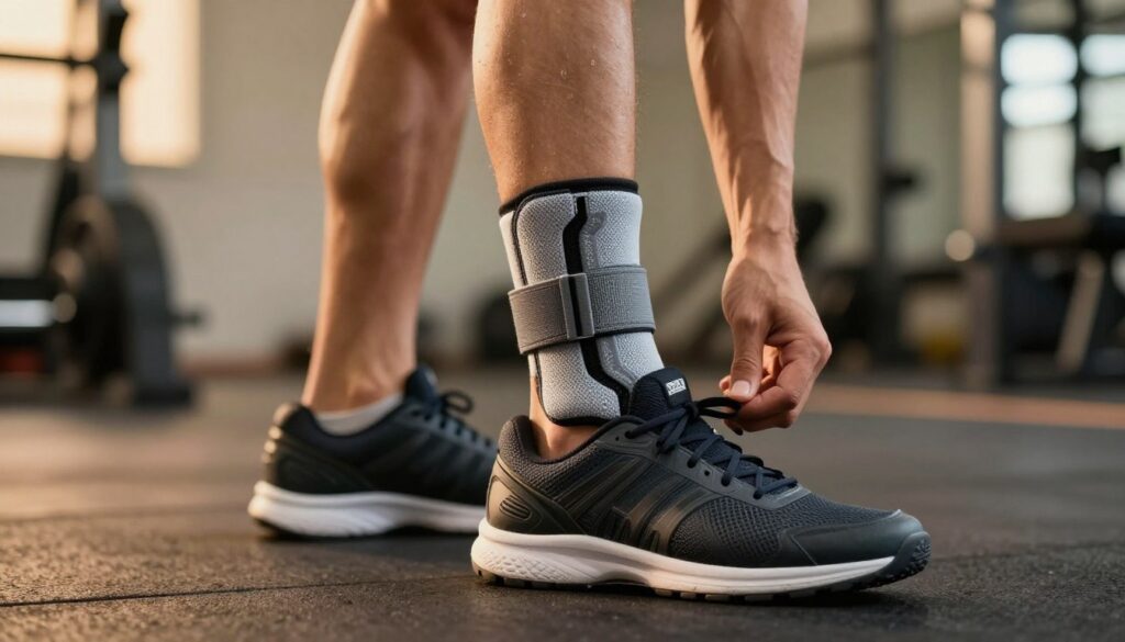 A detailed image of a compression stabilizer specifically designed for the Achilles tendon, placed prominently in the foreground. The stabilizer, made of breathable, elastic fabric with adjustable straps, is shown from a side angle to highlight its anatomical fit around an immaculately maintained sports shoe. In the middle ground, a blurred silhouette of a professional athlete, dressed in modest athletic attire, demonstrates proper application of the stabilizer to their foot. The background features a softly lit gym setting, with equipment subtly out of focus, creating a calm and focused atmosphere. The lighting is warm and inviting, emphasizing the product's functionality and enhancing the color of the stabilizer and shoe. A detailed image of a compression stabilizer specifically designed for the Achilles tendon, placed prominently in the foreground. The stabilizer, made of breathable, elastic fabric with adjustable straps, is shown from a side angle to highlight its anatomical fit around an immaculately maintained sports shoe. In the middle ground, a blurred silhouette of a professional athlete, dressed in modest athletic attire, demonstrates proper application of the stabilizer to their foot. The background features a softly lit gym setting, with equipment subtly out of focus, creating a calm and focused atmosphere. The lighting is warm and inviting, emphasizing the product's functionality and enhancing the color of the stabilizer and shoe.