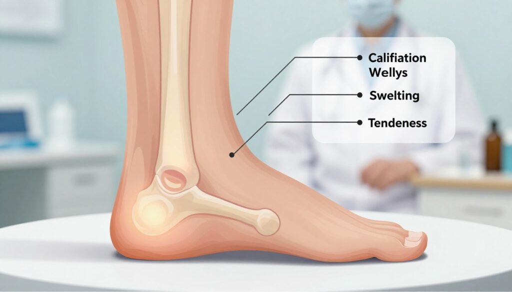 A detailed medical illustration displaying the symptoms of calcification in the heel area, with a focus on the Achilles tendon. In the foreground, a simple yet informative anatomical diagram shows a detailed view of the heel and Achilles tendon, highlighting areas of calcification with a subtle glow. The middle layer includes an overlay of labeled points indicating common symptoms, such as swelling and tenderness. The background features a blurred clinical setting, suggestive of a doctor's office, with soft, diffused lighting to create a calm and professional atmosphere. The image should be rendered from a slight angle to provide depth, resembling a textbook illustration created for educational purposes. A detailed medical illustration displaying the symptoms of calcification in the heel area, with a focus on the Achilles tendon. In the foreground, a simple yet informative anatomical diagram shows a detailed view of the heel and Achilles tendon, highlighting areas of calcification with a subtle glow. The middle layer includes an overlay of labeled points indicating common symptoms, such as swelling and tenderness. The background features a blurred clinical setting, suggestive of a doctor's office, with soft, diffused lighting to create a calm and professional atmosphere. The image should be rendered from a slight angle to provide depth, resembling a textbook illustration created for educational purposes.