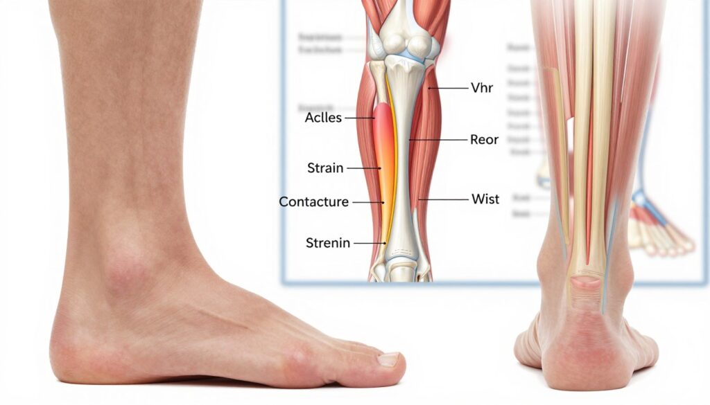 A detailed medical illustration showcasing the differences between Achilles tendon strain and contracture. In the foreground, depict a human foot and ankle in a neutral position, with anatomical labels clearly indicating the Achilles tendon. In the middle ground, show two distinct diagrams: one illustrating a strained tendon with visual cues like swelling and mild inflammation, and the other demonstrating a contracted tendon with arrows highlighting reduced flexibility. In the background, softly blurred anatomical charts displaying muscles and ligaments involved in the ankle's movement for context. Use bright, clinical lighting to enhance visibility and clarity, with a focus on realistic anatomical accuracy. The mood should be informative and educational, suitable for a professional audience. A detailed medical illustration showcasing the differences between Achilles tendon strain and contracture. In the foreground, depict a human foot and ankle in a neutral position, with anatomical labels clearly indicating the Achilles tendon. In the middle ground, show two distinct diagrams: one illustrating a strained tendon with visual cues like swelling and mild inflammation, and the other demonstrating a contracted tendon with arrows highlighting reduced flexibility. In the background, softly blurred anatomical charts displaying muscles and ligaments involved in the ankle's movement for context. Use bright, clinical lighting to enhance visibility and clarity, with a focus on realistic anatomical accuracy. The mood should be informative and educational, suitable for a professional audience.