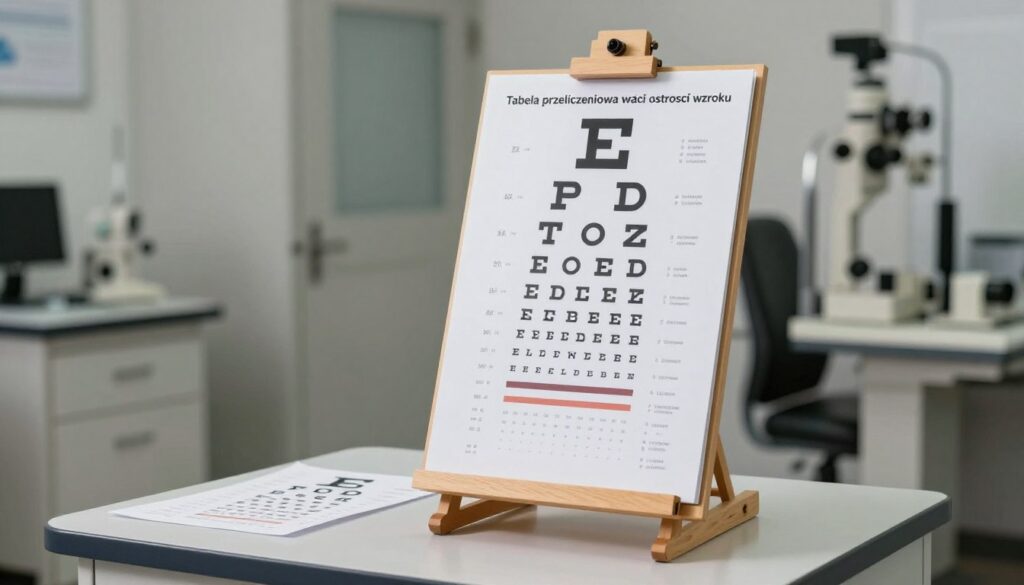 A detailed vision chart illustrating "Tabela przeliczeniowa wartości ostrości wzroku," prominently featuring a range of vision acuity values. The foreground includes a neatly organized table with rows and columns clearly delineating values and corresponding descriptions. The middle section has a wooden easel displaying the chart, highlighting key acuity metrics. The background features a softly blurred eye examination room, with an emphasis on professional lighting that casts gentle shadows, creating a calm atmosphere. The scene captures a sense of professionalism, with an underlying message of clarity and precision in eye care. The image is composed from a straight-on angle, focusing on the table while ensuring the surrounding environment enhances the central subject without distraction. A detailed vision chart illustrating "Tabela przeliczeniowa wartości ostrości wzroku," prominently featuring a range of vision acuity values. The foreground includes a neatly organized table with rows and columns clearly delineating values and corresponding descriptions. The middle section has a wooden easel displaying the chart, highlighting key acuity metrics. The background features a softly blurred eye examination room, with an emphasis on professional lighting that casts gentle shadows, creating a calm atmosphere. The scene captures a sense of professionalism, with an underlying message of clarity and precision in eye care. The image is composed from a straight-on angle, focusing on the table while ensuring the surrounding environment enhances the central subject without distraction.
