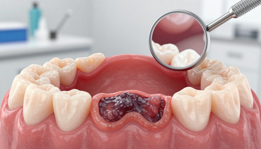 A detailed visualization of an oral melanoma, showcasing a malignant lesion on the mucous membrane of the mouth. The foreground features a close-up of the lesion, with irregular borders and a dark pigmentation, surrounded by healthy gum tissue that contrasts sharply. In the middle ground, depict a dental examination setting, with a dentist's mirror reflecting part of the oral cavity. The background is softly blurred, hinting at dental instruments and a clinical environment, providing context without distraction. Use bright, natural lighting to emphasize the details, capturing the texture and color variations of the lesion. The atmosphere should be clinical and educational, focused on accurate representation for informative purposes. Ensure there are no people or extraneous details present. A detailed visualization of an oral melanoma, showcasing a malignant lesion on the mucous membrane of the mouth. The foreground features a close-up of the lesion, with irregular borders and a dark pigmentation, surrounded by healthy gum tissue that contrasts sharply. In the middle ground, depict a dental examination setting, with a dentist's mirror reflecting part of the oral cavity. The background is softly blurred, hinting at dental instruments and a clinical environment, providing context without distraction. Use bright, natural lighting to emphasize the details, capturing the texture and color variations of the lesion. The atmosphere should be clinical and educational, focused on accurate representation for informative purposes. Ensure there are no people or extraneous details present.