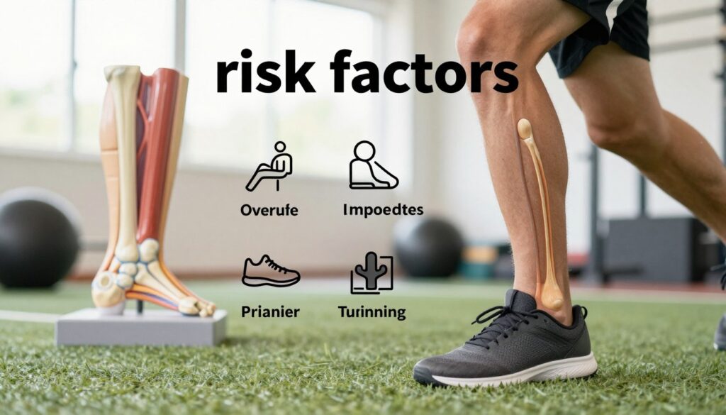 A dynamic and informative image illustrating "risk factors" associated with Achilles tendonitis. In the foreground, a close-up of a human foot and ankle, showcasing a model wearing professional sports attire, demonstrating a physical activity like running or jumping. In the middle ground, visual elements such as an anatomical model of the Achilles tendon and various icons representing common risk factors like overuse, improper footwear, and poor training practices. In the background, a soft-focus gym or sports field setting emphasizes an active lifestyle. The lighting is bright and natural, evoking a sense of energy and health. The overall mood is educational and engaging, aimed at raising awareness about the challenges associated with tendon health. No text, watermarks, or signatures included.