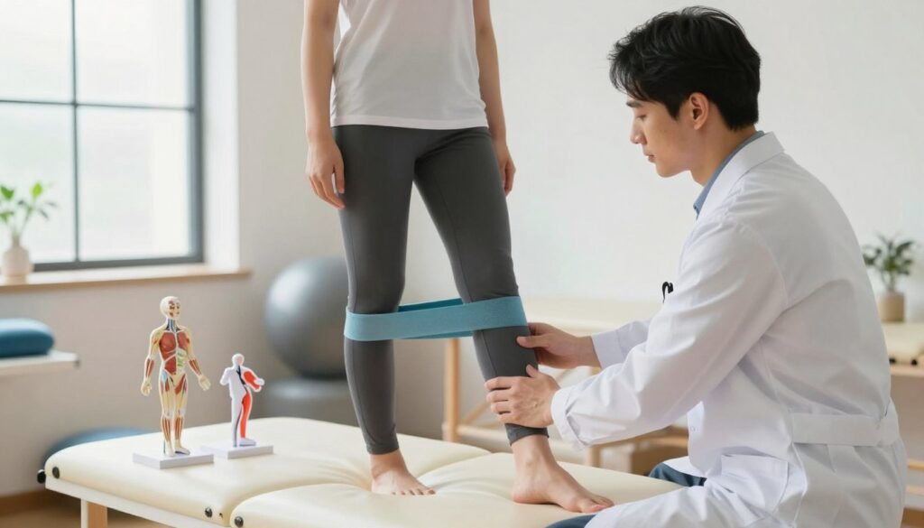 A focused and professional physical therapy session set in a well-lit clinic, featuring a clinician in a white coat assisting a patient wearing modest athletic wear. In the foreground, the clinician demonstrates a specific stretching technique for the Achilles tendon, showcasing clear anatomical models of the tendon on a nearby table. The middle ground highlights the patient actively engaging in rehabilitation exercises, such as calf stretches and eccentric heel drops, with a supportive exercise band. In the background, soft, natural lighting streams through large windows, enhancing the calm and encouraging atmosphere of recovery. The image conveys a sense of hope and caring professionalism, emphasizing the step-by-step approach to conservative treatment and pain reduction for Achilles tendinopathy without any distractions.