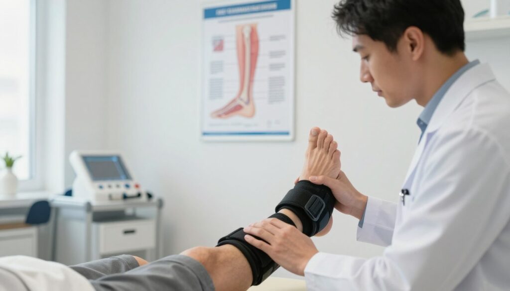 A focused clinical scene depicting the conservative treatment of an Achilles tendon injury. In the foreground, a healthcare professional, wearing a white coat, examines a patient's leg, which is in a supportive brace. The middle layer features a detailed medical poster on the wall illustrating the anatomy of the Achilles tendon and stages of healing. In the background, a well-lit, modern clinic environment with medical equipment and rehabilitation tools adds context. Soft, natural lighting enhances the clinical yet empathetic atmosphere, emphasizing the professionalism of medical care. The angle is slightly above eye level, allowing for a clear view of both the healthcare professional and the patient’s leg being treated.
