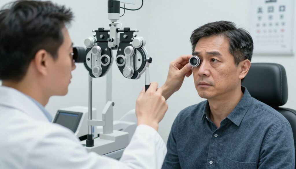 A focused eye exam scene showing a patient sitting in an optometrist's chair, with a professional optometrist using a retinal camera to diagnose fixation disorders. The optometrist, dressed in a white lab coat, is carefully adjusting the equipment. In the foreground, the patient, a middle-aged individual in smart casual attire, displays mild concern while looking at the camera, demonstrating the symptoms of fixation loss. The background features an array of eye examination tools and charts, softly lit by bright, clinical lighting that creates a clean, sterile atmosphere. The composition conveys a sense of professionalism and the importance of eye care.