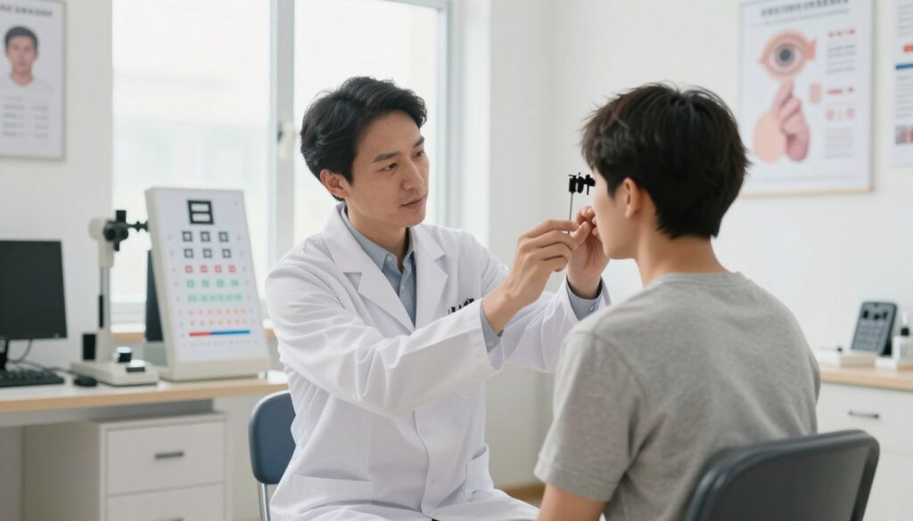 A focused optometrist demonstrating accommodation exercises with a patient in a bright, well-lit clinic. The optometrist, wearing a professional white coat, is showing a series of colorful visual targets, such as charts with letters and geometric shapes. The patient, dressed in modest casual clothing, is attentively following instructions, sitting on a comfortable chair. The background includes equipment like a phoropter, a bright window with natural light streaming in, and posters illustrating eye health. The mood is calm and professional, emphasizing the importance of vision therapy. Use a soft-focused lens effect to create an inviting and engaging atmosphere, highlighting the interaction between the optometrist and the patient. A focused optometrist demonstrating accommodation exercises with a patient in a bright, well-lit clinic. The optometrist, wearing a professional white coat, is showing a series of colorful visual targets, such as charts with letters and geometric shapes. The patient, dressed in modest casual clothing, is attentively following instructions, sitting on a comfortable chair. The background includes equipment like a phoropter, a bright window with natural light streaming in, and posters illustrating eye health. The mood is calm and professional, emphasizing the importance of vision therapy. Use a soft-focused lens effect to create an inviting and engaging atmosphere, highlighting the interaction between the optometrist and the patient.