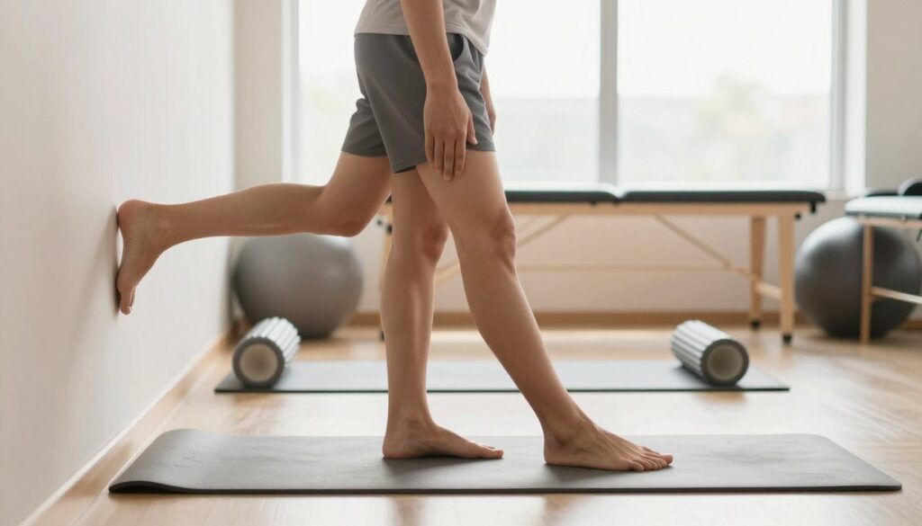 A focused physical therapist demonstrating proper stretching techniques for the Achilles tendon. In the foreground, an athletic individual in modest casual athletic clothing is performing a gentle stretch against a wall, emphasizing the extended position of the leg and foot. The middle ground features exercise mats and foam rollers, showcasing a clean, organized therapy space. The background consists of soft, diffused sunlight streaming through large windows, enhancing the calming atmosphere. The scene conveys a mood of safety and professionalism, with warm, neutral colors dominating the palette. Use a shallow depth of field to highlight the subject while softly blurring the background, capturing the essence of mobility and care in Achilles tendon health practices. A focused physical therapist demonstrating proper stretching techniques for the Achilles tendon. In the foreground, an athletic individual in modest casual athletic clothing is performing a gentle stretch against a wall, emphasizing the extended position of the leg and foot. The middle ground features exercise mats and foam rollers, showcasing a clean, organized therapy space. The background consists of soft, diffused sunlight streaming through large windows, enhancing the calming atmosphere. The scene conveys a mood of safety and professionalism, with warm, neutral colors dominating the palette. Use a shallow depth of field to highlight the subject while softly blurring the background, capturing the essence of mobility and care in Achilles tendon health practices.