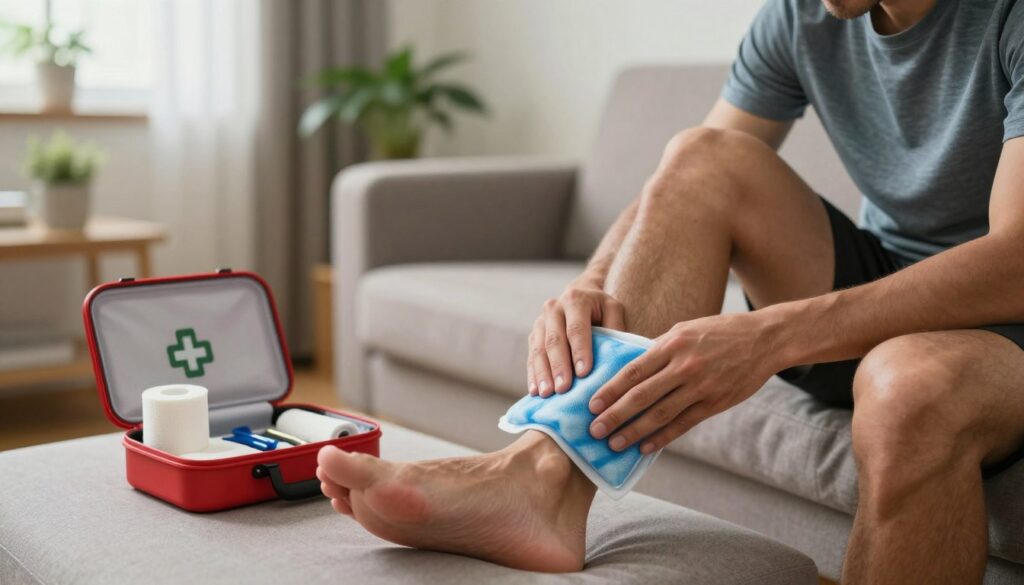 A focused scene illustrating the treatment of an inflamed Achilles tendon, featuring a close-up of a male athlete sitting on a couch in a modest athletic outfit, using an ice pack on his ankle. The foreground captures the athlete’s expression of relief while carefully positioning the ice pack. In the middle ground, a small first aid kit is open, showcasing a roll of elastic bandages and other healing tools, emphasizing home treatment. In the background, a softly lit living room adds warmth, with houseplants and gentle natural light filtering through a window, creating a calm atmosphere. The mood conveys hope and self-care, ideal for a healing context.