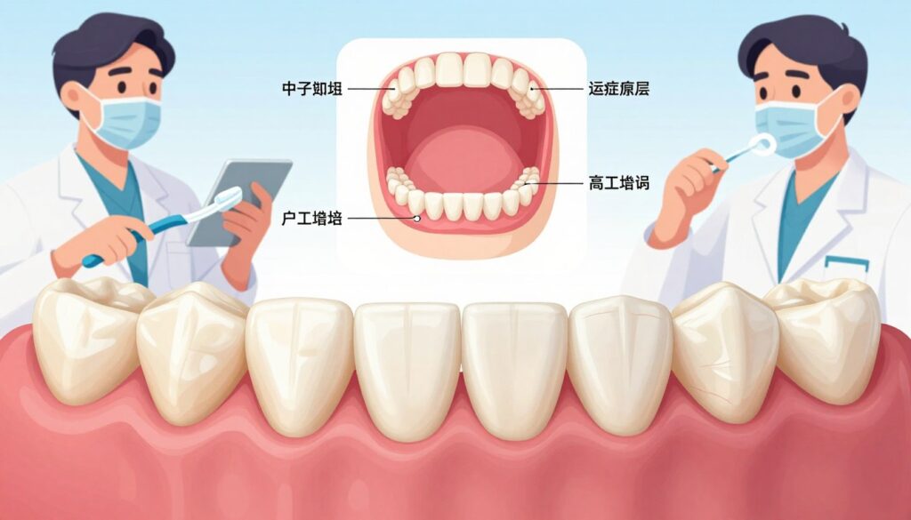 A highly detailed illustration depicting the common causes of gum recession in an oral health context. In the foreground, showcase a close-up view of a human mouth with healthy teeth and visibly receding gums, with focus on the affected areas. Include models wearing professional dental attire in the background, demonstrating proper dental hygiene techniques, such as brushing and flossing. The middle ground should feature an anatomical diagram highlighting factors contributing to gum recession, such as plaque buildup, periodontal disease, and hormonal changes. Use soft, natural lighting to create a clinical and educational atmosphere, with a subtle gradient background that emphasizes cleanliness and professionalism, ensuring all elements are SFW and clearly convey the oral health theme. A highly detailed illustration depicting the common causes of gum recession in an oral health context. In the foreground, showcase a close-up view of a human mouth with healthy teeth and visibly receding gums, with focus on the affected areas. Include models wearing professional dental attire in the background, demonstrating proper dental hygiene techniques, such as brushing and flossing. The middle ground should feature an anatomical diagram highlighting factors contributing to gum recession, such as plaque buildup, periodontal disease, and hormonal changes. Use soft, natural lighting to create a clinical and educational atmosphere, with a subtle gradient background that emphasizes cleanliness and professionalism, ensuring all elements are SFW and clearly convey the oral health theme.