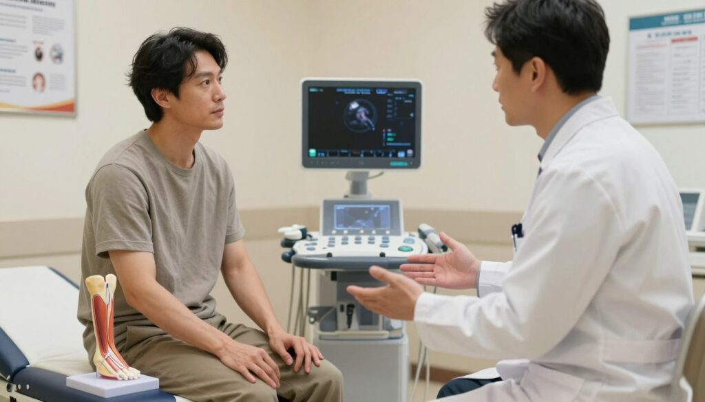 A medical consultation setting focused on the preparation for an Achilles tendon surgery. In the foreground, a healthcare professional in a white lab coat is discussing with a patient, who is wearing modest casual clothing. The patient looks attentive, sitting on an examination table, with a detailed anatomical model of the Achilles tendon nearby. In the middle ground, there are medical charts and an ultrasound machine, illustrating the examination process. The background reveals a clean, well-lit clinic with medical posters on the walls and a digital monitor displaying patient information. Soft, warm lighting creates a reassuring and professional atmosphere, emphasizing the importance of patient care and communication. The angle is slightly tilted downwards, capturing the interaction between the doctor and the patient.