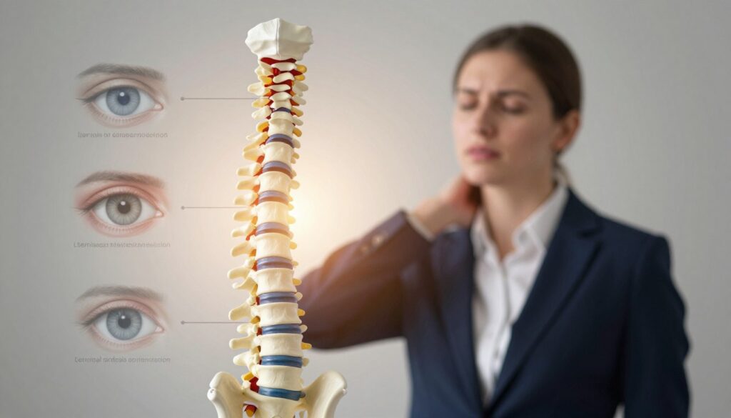 A medical illustration focusing on the effects of cervical lordosis reduction on vision. In the foreground, a detailed anatomical model of the human cervical spine, depicting reduced curvature, is prominent. Surrounding this model, visualize symptoms related to vision, such as diagrams of the eye showcasing blurred vision, headaches, and neck pain signs. In the middle ground, include a person in professional business attire, lightly rubbing their neck, conveying discomfort. The background features a soft, neutral gradient to emphasize the subject, with subtle lighting highlighting the spine model and symptoms. The mood is clinical yet informative, evoking a sense of inquiry and urgency about the connection between neck alignment and visual health.