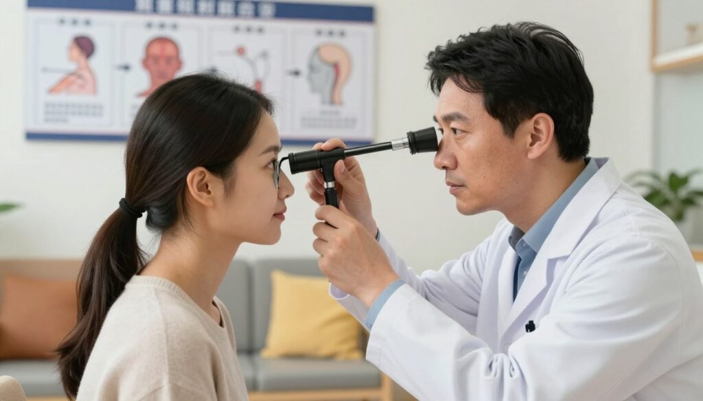 A medical office setting illustrating the recovery process after vitrectomy surgery. In the foreground, a thoughtful doctor in professional attire examines a patient's eye using an ophthalmoscope, demonstrating care and expertise. The middle ground features a wall chart displaying the stages of visual improvement post-surgery, with clear, labeled diagrams. The background shows a comforting waiting area with soft lighting and calming colors, suggesting a relaxed atmosphere. The overall mood is informative yet reassuring, embodying a safe and professional environment. Use natural lighting to create a warm, inviting feel, with a shallow depth of field to emphasize the interaction between the doctor and the patient. A medical office setting illustrating the recovery process after vitrectomy surgery. In the foreground, a thoughtful doctor in professional attire examines a patient's eye using an ophthalmoscope, demonstrating care and expertise. The middle ground features a wall chart displaying the stages of visual improvement post-surgery, with clear, labeled diagrams. The background shows a comforting waiting area with soft lighting and calming colors, suggesting a relaxed atmosphere. The overall mood is informative yet reassuring, embodying a safe and professional environment. Use natural lighting to create a warm, inviting feel, with a shallow depth of field to emphasize the interaction between the doctor and the patient.