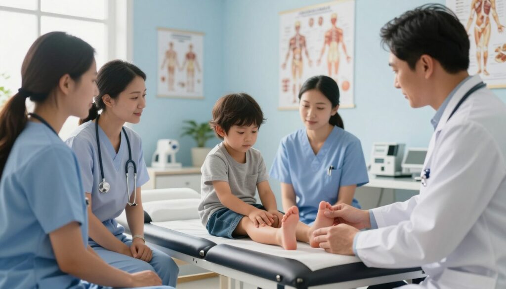A medical professional examining a child, focused on the Achilles tendon area. The foreground features a diverse group of healthcare workers in professional attire, gently observing the child's foot on a clinical examination table. In the middle ground, a pediatric patient sits comfortably, wearing modest casual clothing, demonstrating an attentive expression. The background displays a well-lit medical office with anatomical charts and gentle blue walls, emphasizing a calm and professional atmosphere. Soft natural lighting streams in from a window, casting a warm glow. The angle captures the interaction between the professionals and the child, highlighting the caring environment and the importance of understanding both congenital and acquired conditions related to muscle tightness. A medical professional examining a child, focused on the Achilles tendon area. The foreground features a diverse group of healthcare workers in professional attire, gently observing the child's foot on a clinical examination table. In the middle ground, a pediatric patient sits comfortably, wearing modest casual clothing, demonstrating an attentive expression. The background displays a well-lit medical office with anatomical charts and gentle blue walls, emphasizing a calm and professional atmosphere. Soft natural lighting streams in from a window, casting a warm glow. The angle captures the interaction between the professionals and the child, highlighting the caring environment and the importance of understanding both congenital and acquired conditions related to muscle tightness.