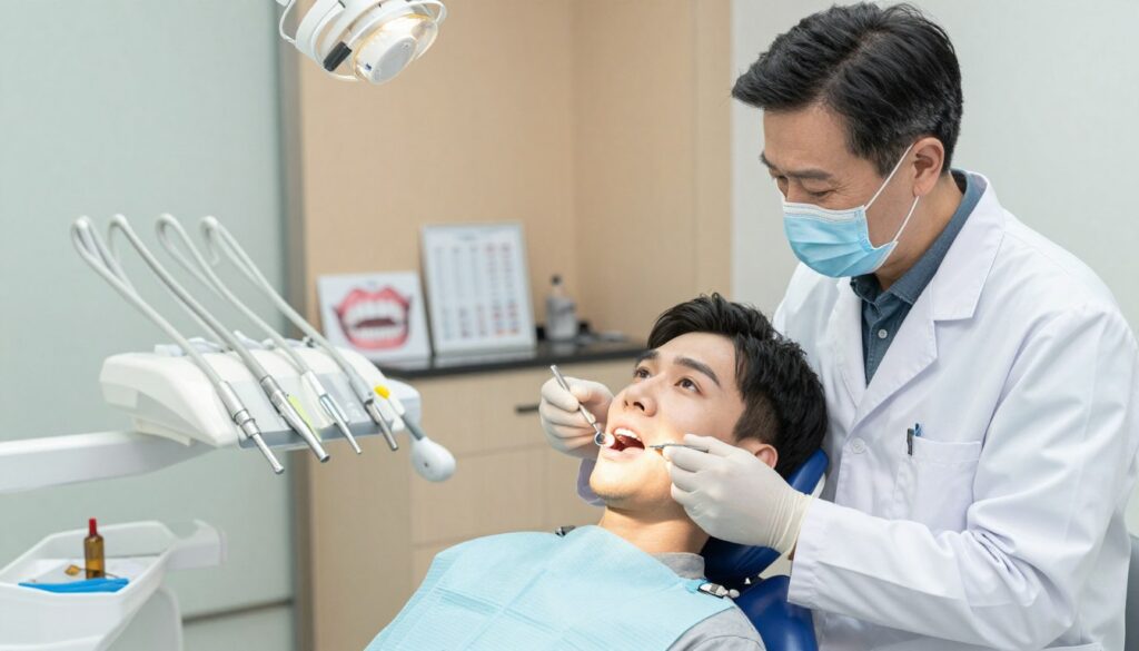 A modern dental consultation office showcasing a dentist and a patient, both dressed in professional attire. In the foreground, the dentist, a middle-aged person with a kind expression, examines the patient’s mouth with a dental mirror and light, illustrating attentiveness and professionalism. The patient, a young adult, sits in a dental chair, displaying mild concern but looking reassured. In the middle ground, various dental tools and charts depicting oral health are neatly arranged on a counter, presenting a clean and organized environment. The background features calming colors, with soft lighting that creates a welcoming atmosphere, evoking trust and care. The overall mood should convey the importance of timely dental care and professional guidance. A modern dental consultation office showcasing a dentist and a patient, both dressed in professional attire. In the foreground, the dentist, a middle-aged person with a kind expression, examines the patient’s mouth with a dental mirror and light, illustrating attentiveness and professionalism. The patient, a young adult, sits in a dental chair, displaying mild concern but looking reassured. In the middle ground, various dental tools and charts depicting oral health are neatly arranged on a counter, presenting a clean and organized environment. The background features calming colors, with soft lighting that creates a welcoming atmosphere, evoking trust and care. The overall mood should convey the importance of timely dental care and professional guidance.