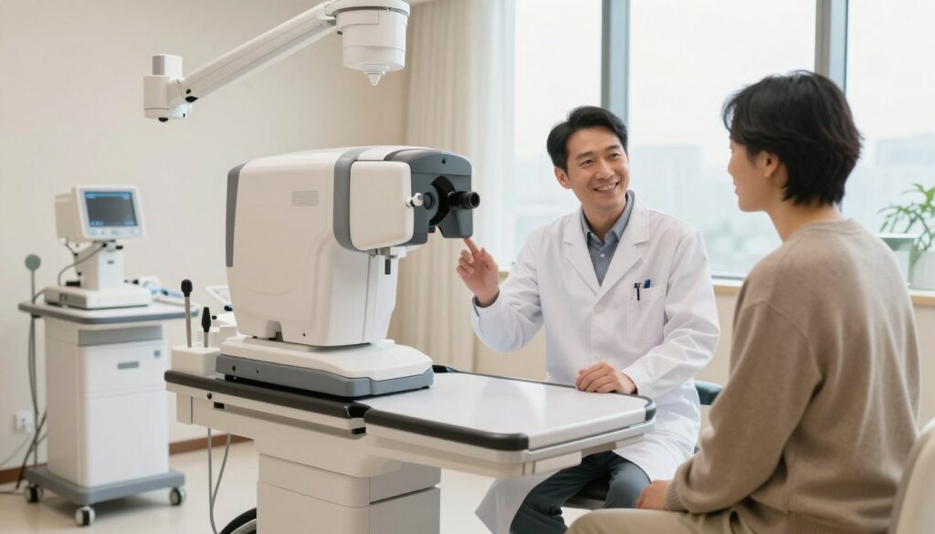 A modern laser eye surgery clinic interior, featuring sleek, minimalist design. In the foreground, a friendly, professional ophthalmologist in a crisp white lab coat discusses options with a patient dressed in smart casual attire. In the middle, state-of-the-art laser eye surgery equipment on a sterile examination table, with advanced diagnostic tools visible nearby. The background showcases large windows allowing soft, natural light to illuminate the space, creating an inviting and reassuring atmosphere. The overall mood is calm and professional, emphasizing safety and trust. The scene should have a warm color palette, enhancing a sense of comfort and care, while ensuring the setting appears clean and well-organized.