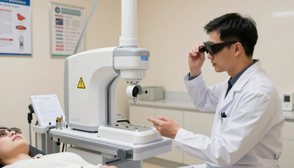 A modern medical treatment room focused on laser safety, showcasing a detailed laser apparatus with visible safety features like protective eyewear and warning signs. In the foreground, a well-dressed medical professional, wearing a lab coat and safety goggles, demonstrates proper eye protection techniques while explaining to a patient. The middle ground features a clear view of the laser equipment, surrounded by neatly organized tools and safety manuals. The background includes a softly illuminated, clean clinic environment, highlighting essential safety posters and a calming color scheme. The lighting is soft and inviting, creating a professional yet approachable atmosphere focused on eye safety and laser treatment precautions.