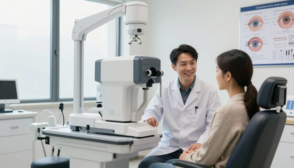 A modern ophthalmology clinic with a focus on laser vision correction. In the foreground, a qualified doctor in professional attire interacts with a patient sitting in an examination chair, discussing the procedure with a reassuring smile. In the middle ground, advanced laser equipment gleams under soft, natural lighting, highlighting its precision and safety features. The background features large windows letting in bright daylight, giving the room an airy and welcoming atmosphere. There are charts on the walls illustrating eye anatomy and laser techniques, emphasizing education about safety and myths regarding the procedure. The overall mood is calm and professional, instilling confidence in patients considering laser vision correction.