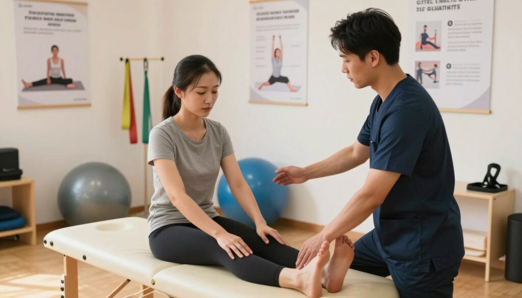 A modern rehabilitation clinic focusing on Achilles tendon recovery, featuring a professional therapist assisting a patient in a bright, well-lit room. In the foreground, the therapist, dressed in professional attire, demonstrates gentle stretching exercises with the patient, who is wearing modest athletic clothing and sitting on a treatment table. In the middle ground, various rehabilitation equipment, such as resistance bands and exercise balls, create an engaging atmosphere. The background shows posters of stretching techniques and motivational quotes, emphasizing recovery and strength. The lighting is warm and inviting, capturing a calm yet focused ambiance. The angle is slightly elevated, providing a comprehensive view of the dynamic interaction between patient and therapist, highlighting the step-by-step rehabilitation process.