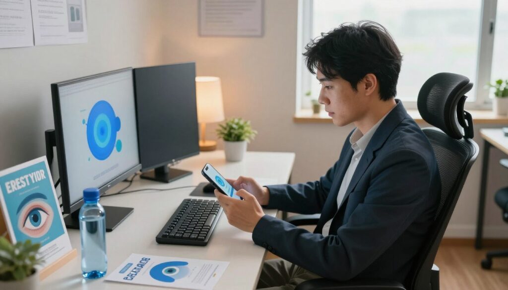 A modern workspace featuring a person seated comfortably at a desk, practicing good screen hygiene. The individual is dressed in smart casual attire, focused on using their smartphone with proper posture. In the foreground, there are visual aids suggestive of screen hygiene, like a blue light filter, an eye strain relief poster, and a water bottle to encourage hydration. The middle ground showcases a well-organized desk with ergonomic accessories, including a screen stand and anti-glare screen protector. In the background, soft ambient lighting creates a calming atmosphere, complemented by natural light streaming through a window. The mood is focused and productive, representing a daily routine that emphasizes eye comfort and care while using digital devices.