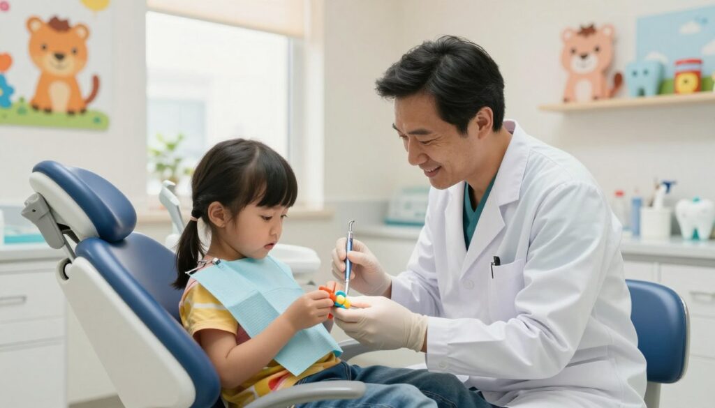 A pediatric dentist's office scene, featuring a friendly, caring pediatric dentist in a white coat and colorful scrubs, attentively examining a young child sitting in a dental chair. The child, appearing slightly anxious but reassured, is holding a small toy to distract from the dental tools nearby. The room is bright, filled with cheerful decorations like cartoon animals on the walls and dental-themed toys on a shelf in the background. Soft, warm natural light filters through a window, creating a welcoming atmosphere. The camera angle is slightly elevated, capturing both the dentist and child’s expressions, emphasizing a compassionate environment. The overall mood is professional yet comforting, illustrating the importance of timely dental care for children.